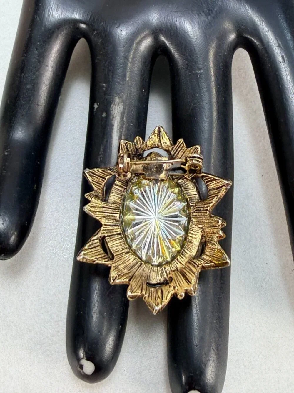 Vintage Gold Tone Purple Art Glass Brooch Iridescent Cabochon Statement Pin